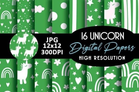 Green Unicorn Digital Paper Patterns