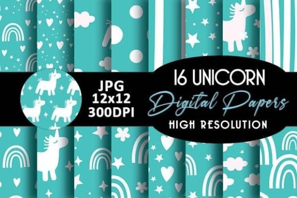 Mint Cute Unicorn Digital Paper Patterns: 16 Playful, Print-Ready Backgrounds for Every Creative Project