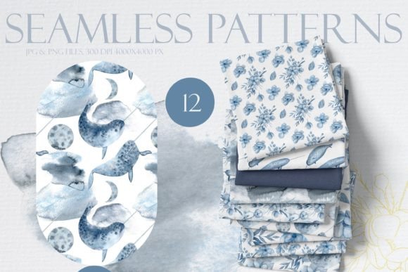 Narwhales Blue Flower Seamless Patterns