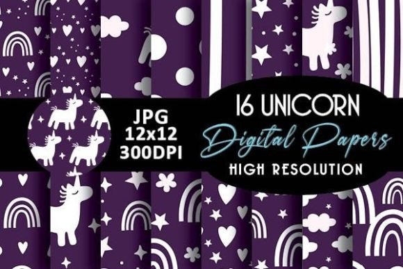 Purple Unicorn Digital Paper Patterns